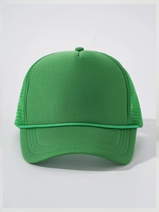 Detailed front view of a vibrant green trucker hat with mesh back and decorative rope trim