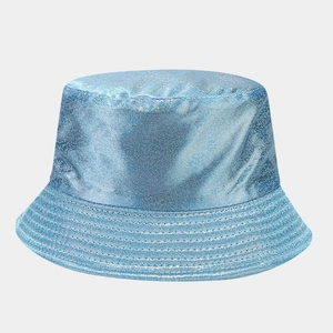 Close-up of shimmering light blue PU leather bucket hat with iridescent glitter finish