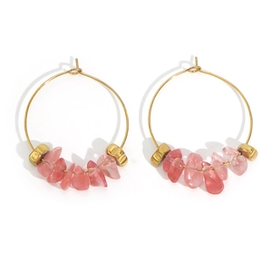 Bohemian gold hoop earrings with pink semi-precious crushed stones and bead accents