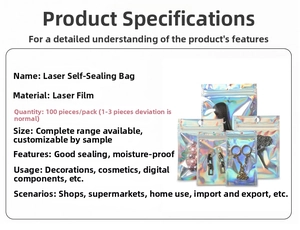Close-up of holographic resealable bags showing laser film texture and size details