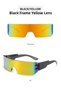 Front and 45-degree side view of futuristic sports sunglasses with yellow gradient lenses