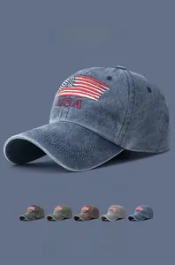 Detail of USA embroidery and high-quality washed cotton texture on a vintage baseball cap