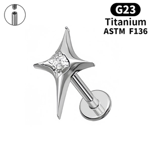 G23 titanium star-shaped labret stud with zircon stone and internal thread detail