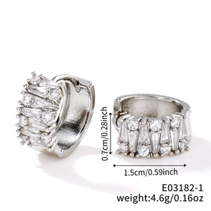 Detail view of silver hoop earrings with clear cubic zirconia and dimension labels