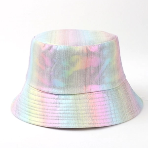Metallic gradient bucket hat with iridescent faux leather finish and vertical texture
