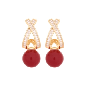 Gold-plated cross stud earrings featuring zircon crystals and elegant red pearl drops