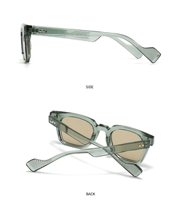 Detail view showing side and back of transparent green cat eye sunglasses with leopard arms