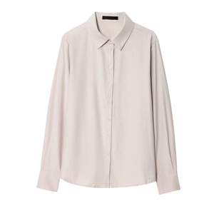 Elegant apricot long-sleeve button-down shirt with turn-down collar and curved hemline