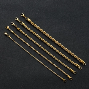 Detail of six gold stainless steel rope chains in various thicknesses from 2mm to 6mm