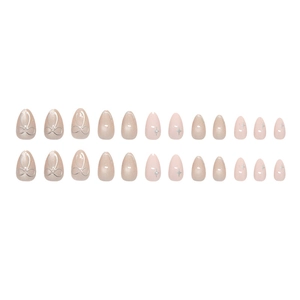 Set of 24pcs elegant pink cat-eye press-on nails with 3D bow and star designs for DIY manicure
