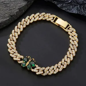Hip hop gold Cuban link bracelet with emerald butterfly and sparkling rhinestones