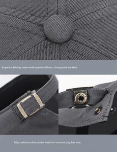 Detail view of dark grey baseball cap with reinforced stitching and adjustable metal buckle