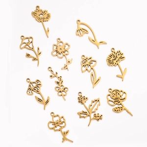 Set of 12 gold stainless steel monthly birth flower pendants with intricate cut-outs