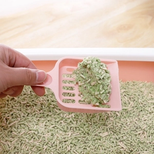 Pink plastic cat litter scooper filtering waste from green tofu litter in a white box