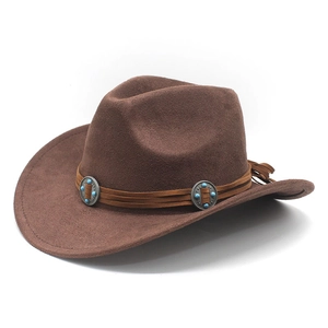 Western Cowboy Hat Faux Suede Wide Brim Retro Fedora Ethnic Belt Turquoise Conchos Unisex Outdoor Travel Vintage
