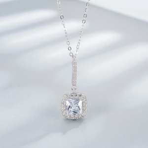 Elegant 925 sterling silver square pendant necklace with sparkling cubic zirconia stone