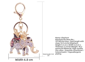 Detailed dimensions of the gold elephant keychain with rhinestones and zinc alloy finish