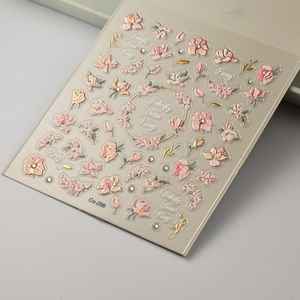 5D embossed nail stickers featuring pink peonies, gold lines and butterfly patterns