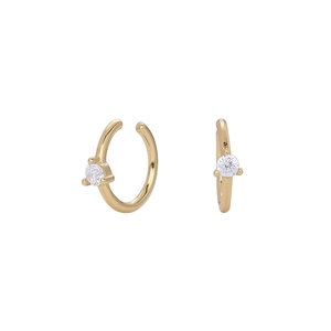 Macro shot of gold S925 silver C-shaped ear cuffs with heart zircon and hanging loop