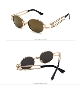 Detail view of gold steampunk sunglasses with side profile and 45-degree angle shots