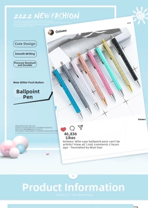 Detail shot of click retractable ballpoint pens with shimmering glitter finish and metal clips