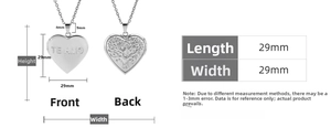 Detailed measurement chart for heart locket pendant showing dimensions of 29mm height