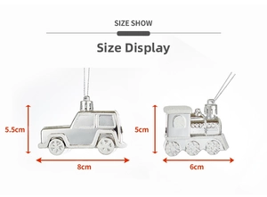 Size specifications for silver vintage train and jeep Christmas tree hanging ornaments
