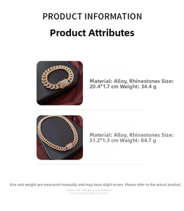 Detail view of rhinestone Cuban link necklace and bracelet set with size specifications