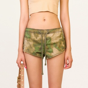 Women's outdoor camouflage cargo shorts with drawstring waist and green camo print pattern