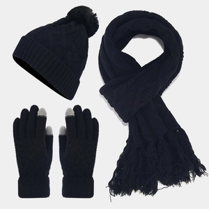 3-piece winter knit set with pompom beanie, fringe scarf, and touchscreen gloves in black
