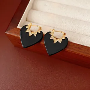 Gold-plated heart hoop earrings with black enamel and sparkling zircon accents