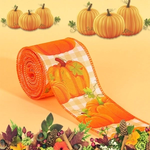 Detail of autumn pumpkin pattern on burlap ribbon roll for Thanksgiving decor