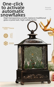 Detail of vintage bronze lantern music box featuring snow-covered Christmas trees