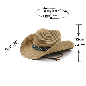 Detailed size guide for Western straw cowboy hat with dimensions 56-58cm circumference
