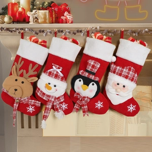 Christmas Stockings Santa Snowman Reindeer Penguin Cartoon Knit Plush Hanging Gift Bag Fireplace Festive Decor