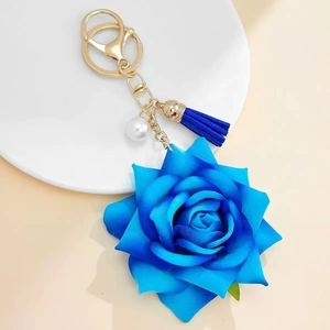 Elegant blue fabric rose keychain with gold hardware, white pearl and matching tassel charm