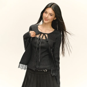 Ensemble cardigan en maille gris foncé avec dentelle et haut à nœud pour femmes chic