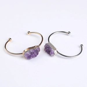 Natural amethyst geode open cuff bracelet with gold and silver plating and adjustable fit