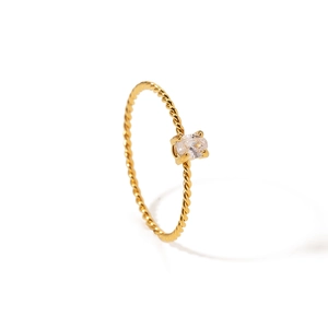 Elegant gold stainless steel twisted rope ring featuring a clear oval cubic zirconia