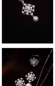 Detailed macro view of diamond flower pearl necklace and jewelry set on black background