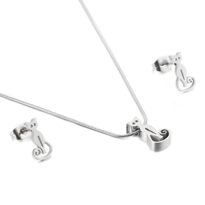 Stainless steel jewelry set featuring a cutout cat necklace and matching stud earrings