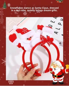 Close-up of plush Christmas headband with Santa Claus motif and snowflake bow decoration