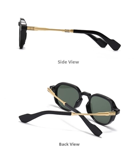 Detail of vintage polygonal sunglasses with gold metal temples and cross emblem decoration