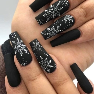 Christmas Matte Black Snowflake Long Coffin Press On Nails For Women Winter Festive Party Fake Nails Full Cover Nails