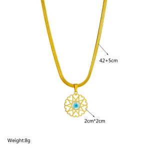 Gold titanium evil eye necklace with hollow heart pattern and 42+5cm flat snake chain
