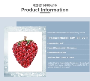 Detail view of rhinestone strawberry brooch with dimensions 18mm by 14mm and 4.60g weight
