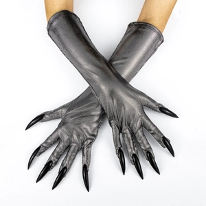 Close-up of black mesh Halloween gloves featuring long glossy catwoman claws for cosplay