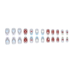 Gradient heart pattern French press-on nails set with red dots and glitter elements