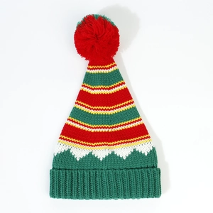 Festive knitted Christmas hat with red pom-pom and striped snowflake patterns