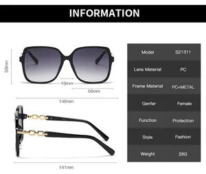 Detailed size specifications and parameters table for these square frame fashion sunglasses